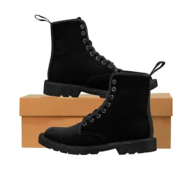 Black Men's Hiking Boots, Black Solid Color Print Canvas Winter Laced Up Boots For Men