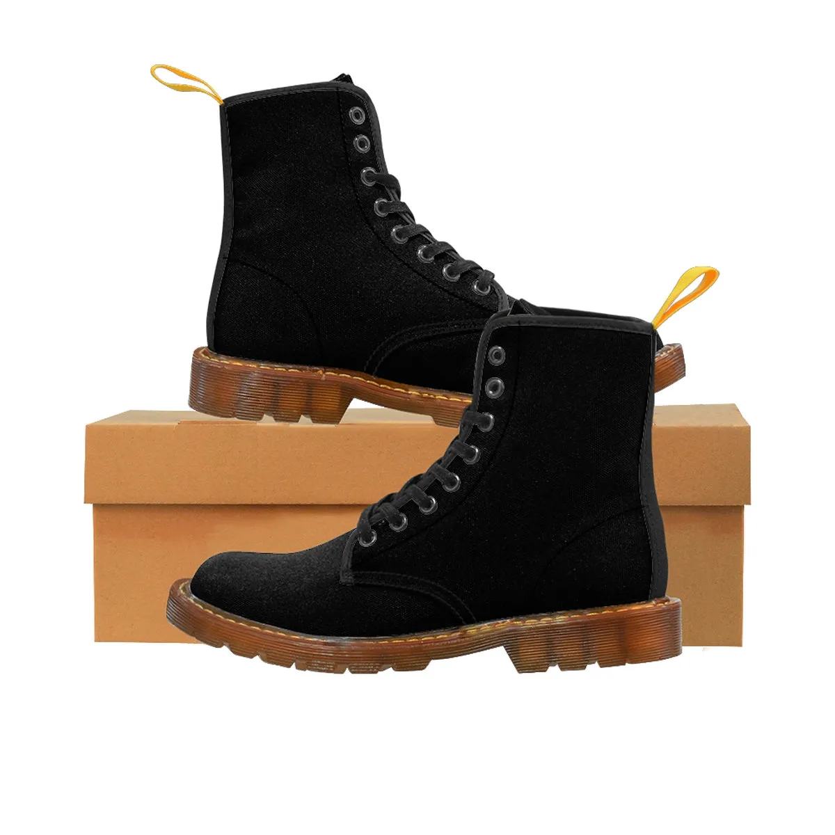 Black Men's Hiking Boots, Black Solid Color Print Canvas Winter Laced Up Boots For Men