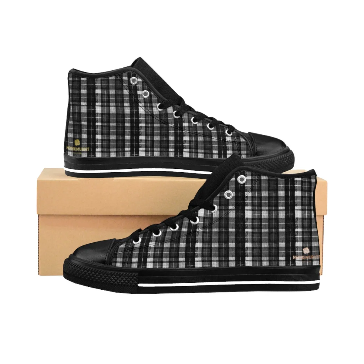 Black Plaid Men's Sneakers, White Grey Plaid Tartan Print High-top Tennis Running Shoes