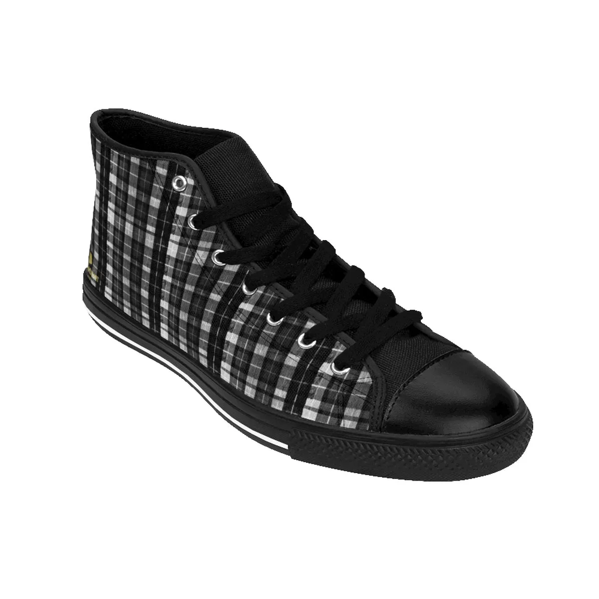 Black Plaid Men's Sneakers, White Grey Plaid Tartan Print High-top Tennis Running Shoes