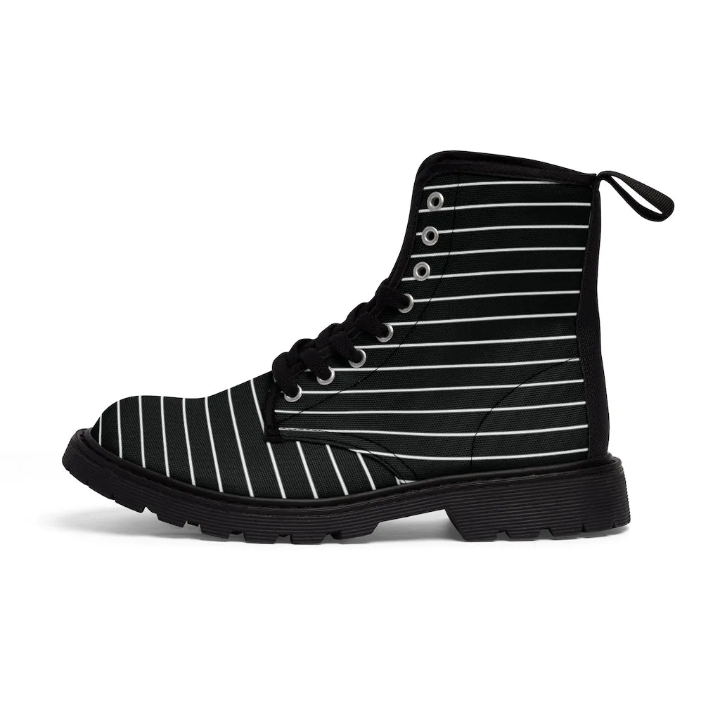 Black White Striped Print Men's Boots, Modern Best Hiking Winter Boots Laced Up Shoes For Men