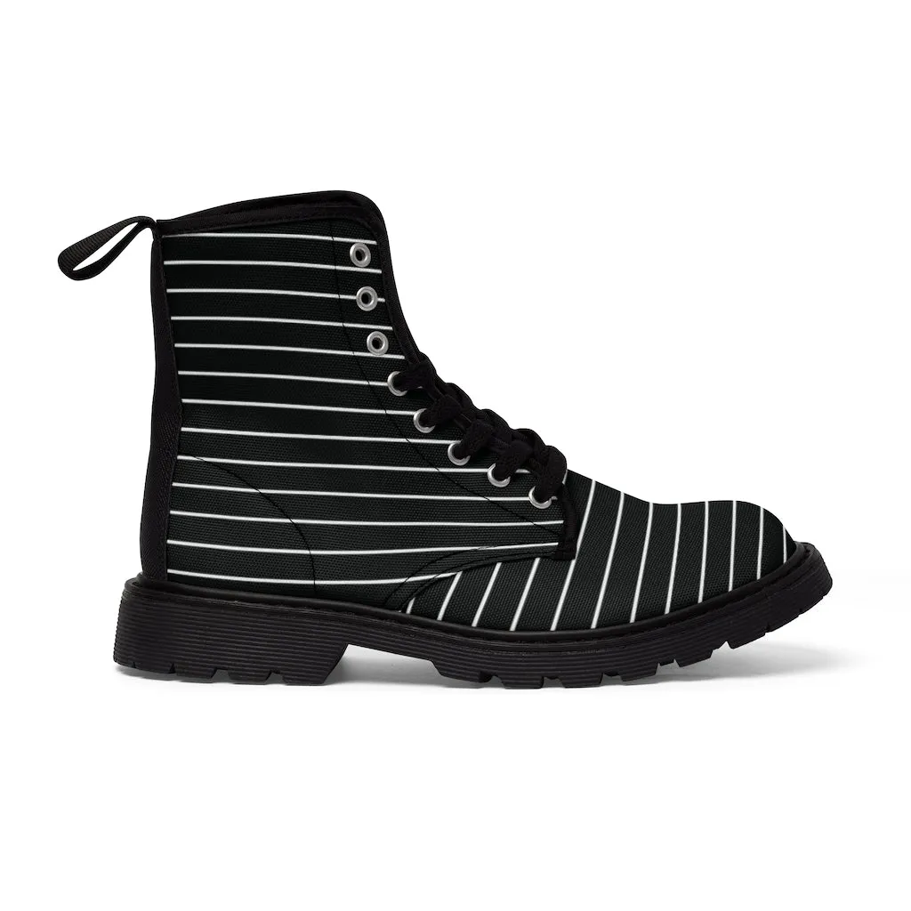 Black White Striped Print Men's Boots, Modern Best Hiking Winter Boots Laced Up Shoes For Men