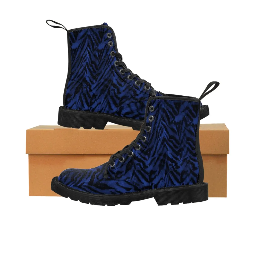 Blue Tiger Striped Men's Boots, Animal Print Best Hiking Winter Boots Laced Up Shoes For Men