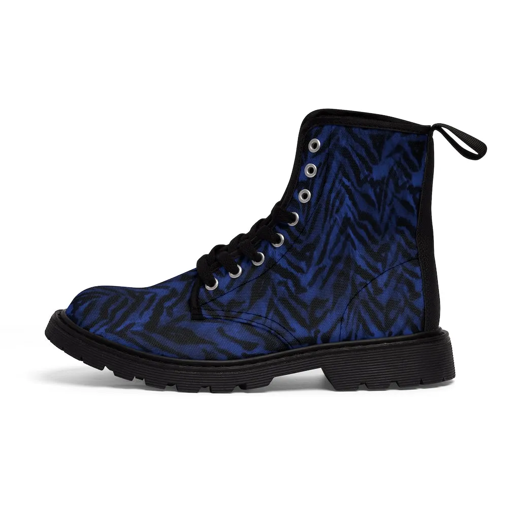 Blue Tiger Striped Men's Boots, Animal Print Best Hiking Winter Boots Laced Up Shoes For Men