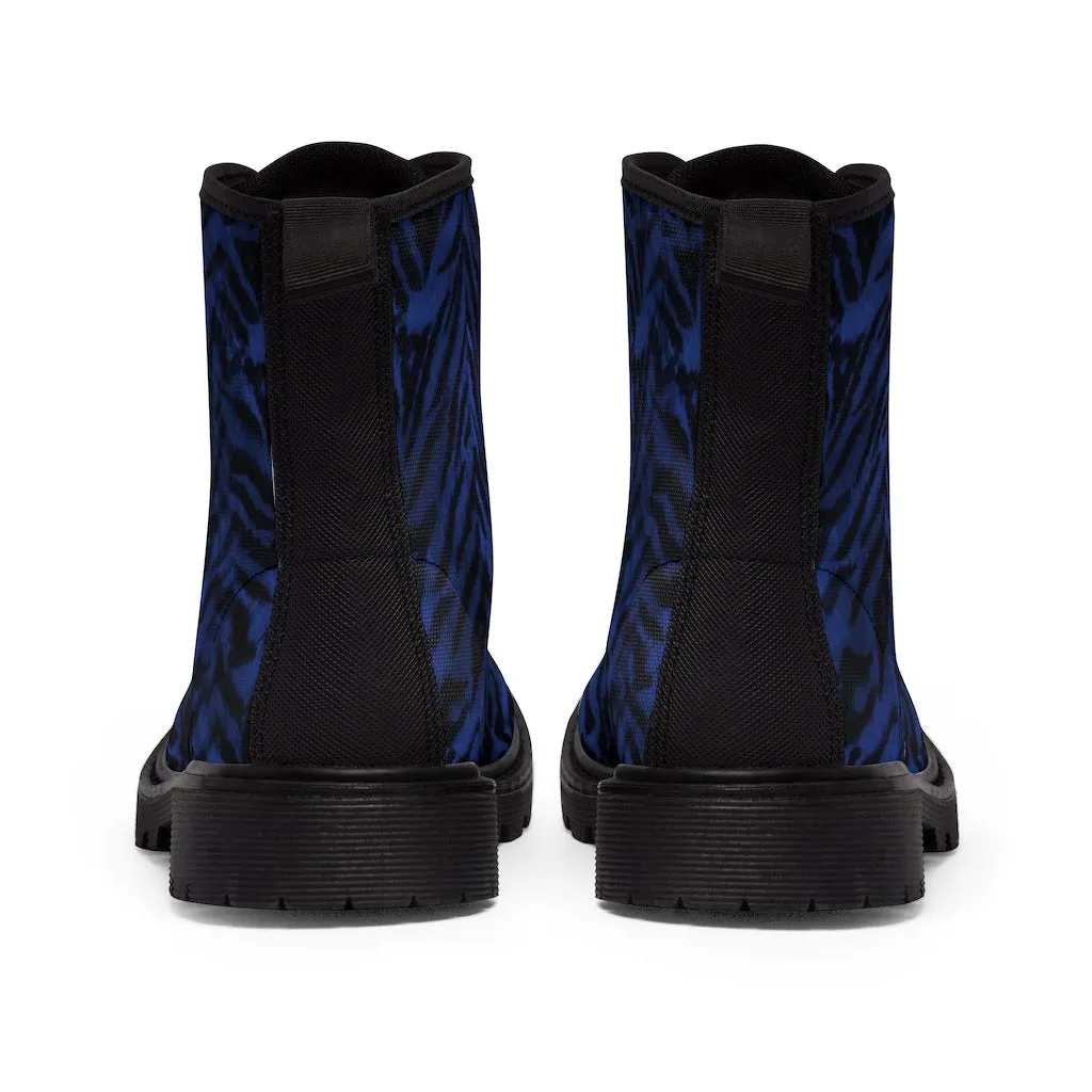 Blue Tiger Striped Men's Boots, Animal Print Best Hiking Winter Boots Laced Up Shoes For Men