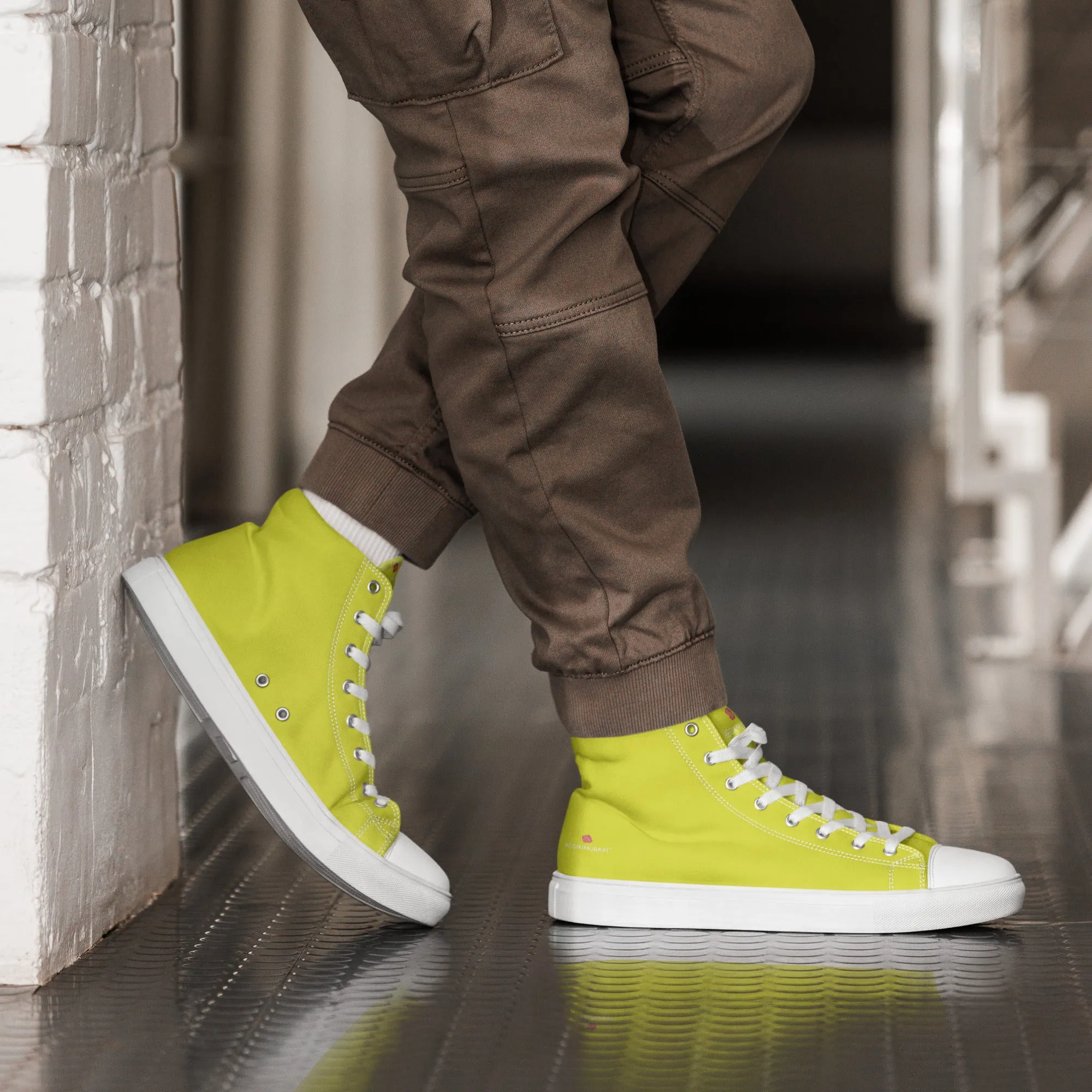 Bright Yellow Men's High Tops, Solid Color Men’s high top canvas shoes