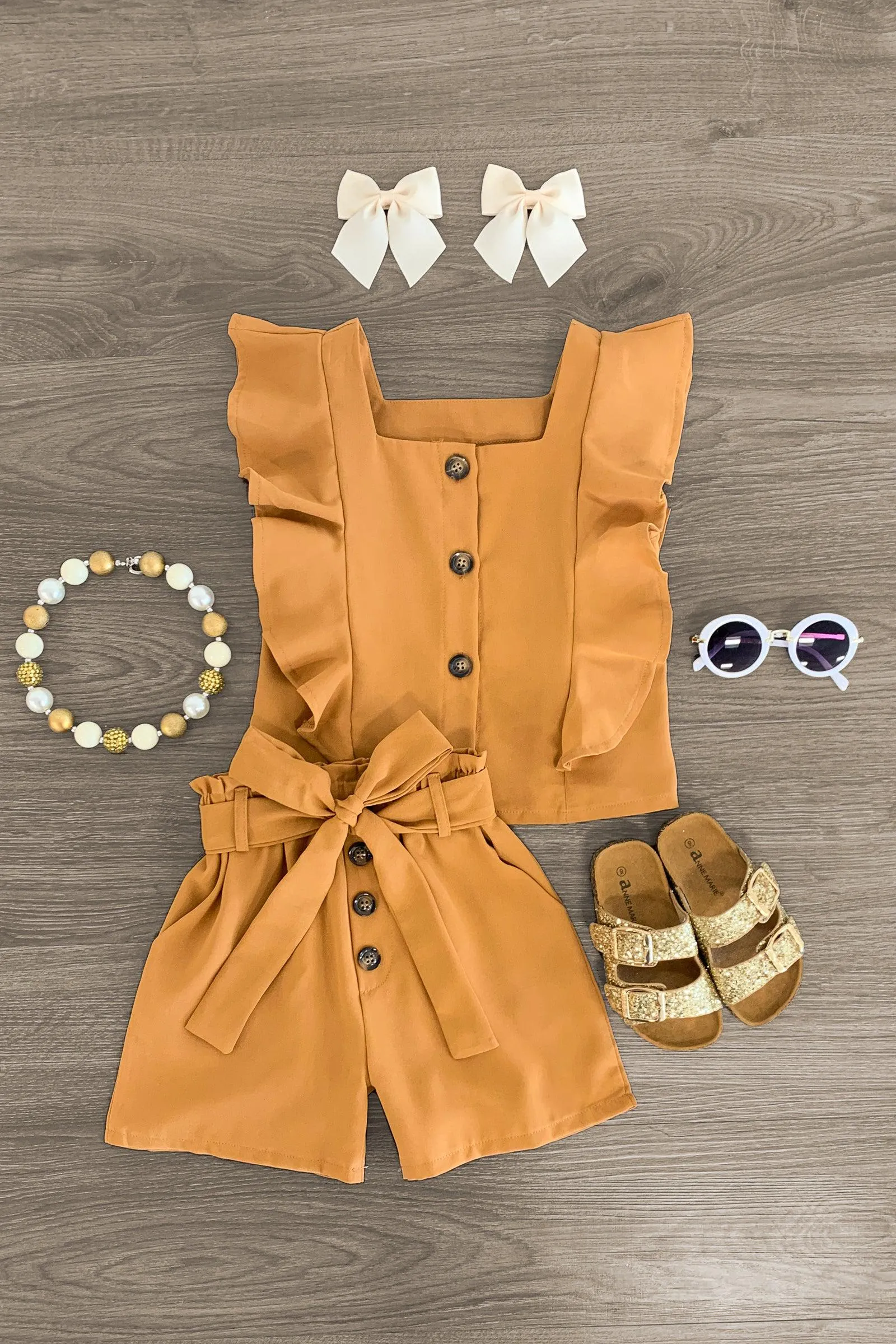 Brown Ruffle Button Short Set