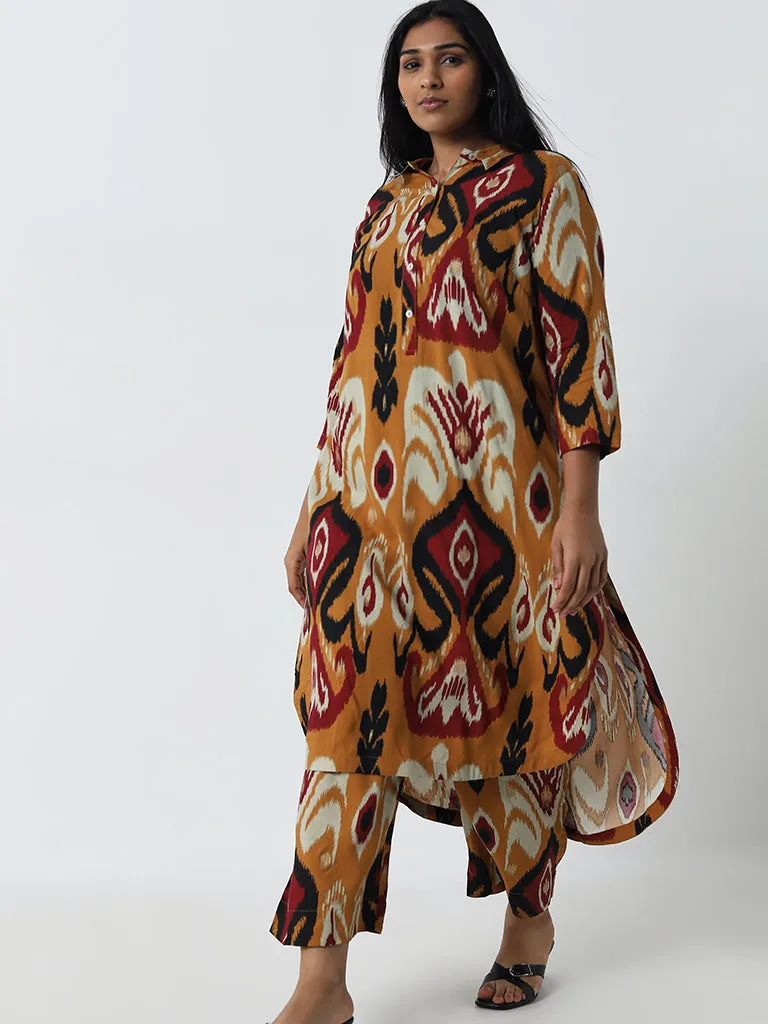 Diza Mustard Ikat Design High-Low Kurta