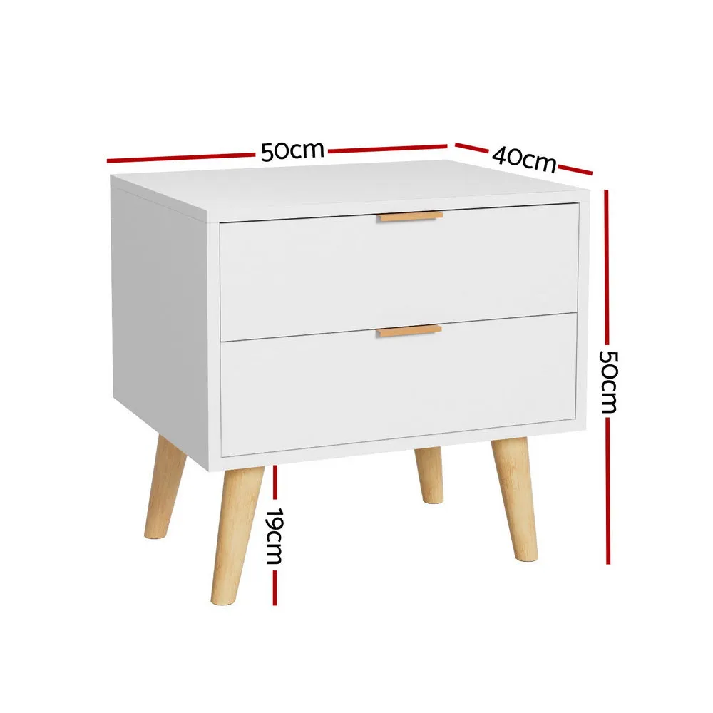 Durable 2-Drawer White Bedside Table with Pine Legs