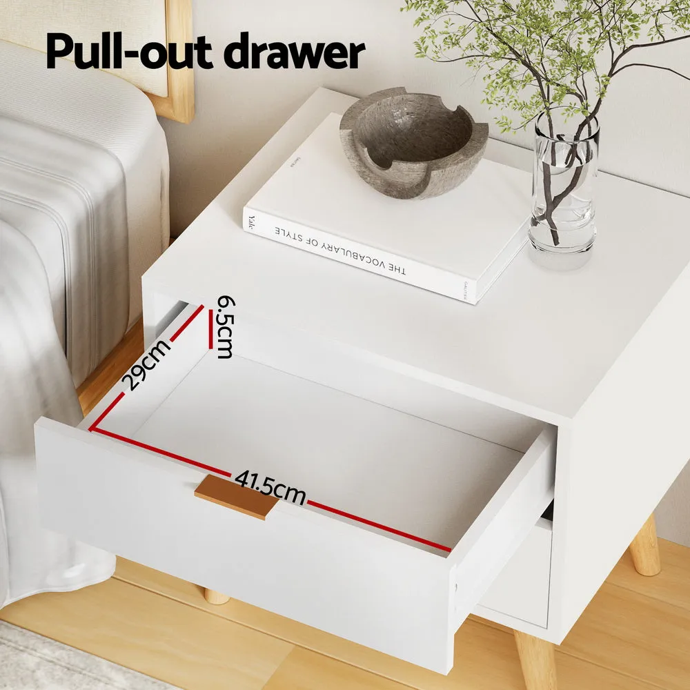 Durable 2-Drawer White Bedside Table with Pine Legs