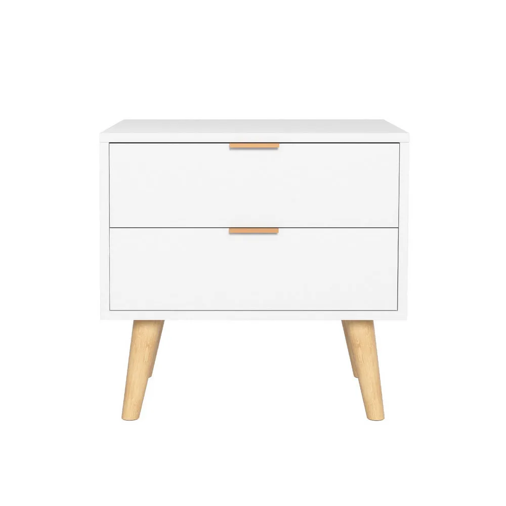 Durable 2-Drawer White Bedside Table with Pine Legs