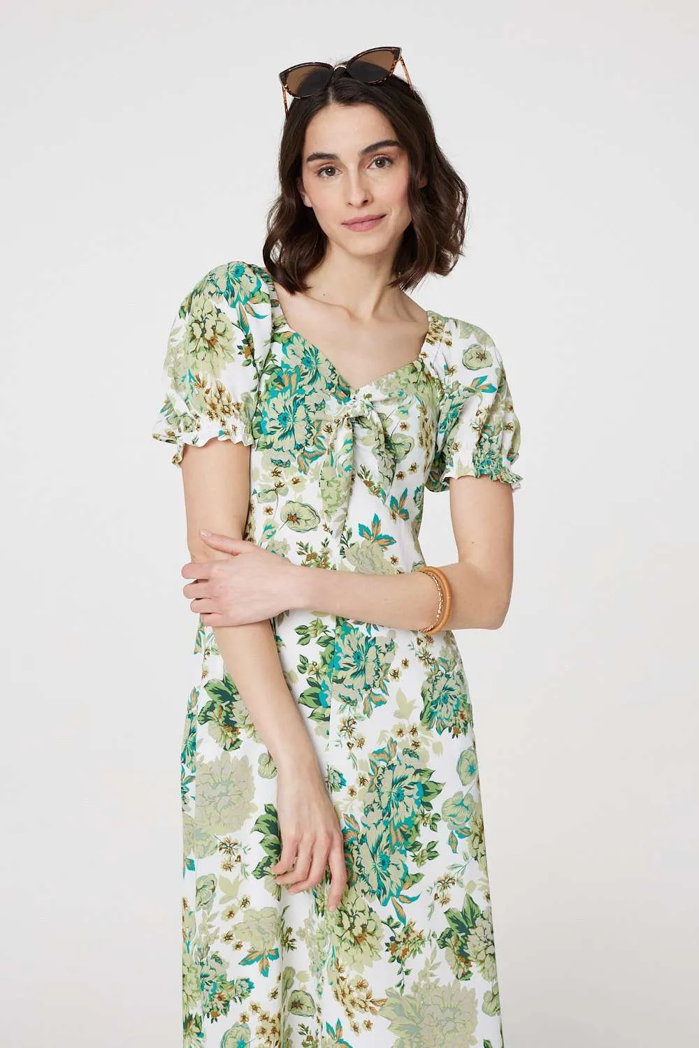 Floral Tie-Front Short Sleeve Midi Dress