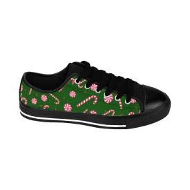 Green Men's Low Top Sneakers, Red White Candy Cane Christmas Low Top Tennis Shoes For Men (US Size 6-14)