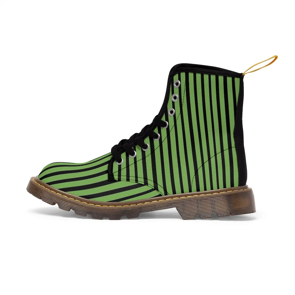 Green Striped Print Men's Boots, Black Stripes Best Hiking Winter Boots Laced Up Shoes For Men