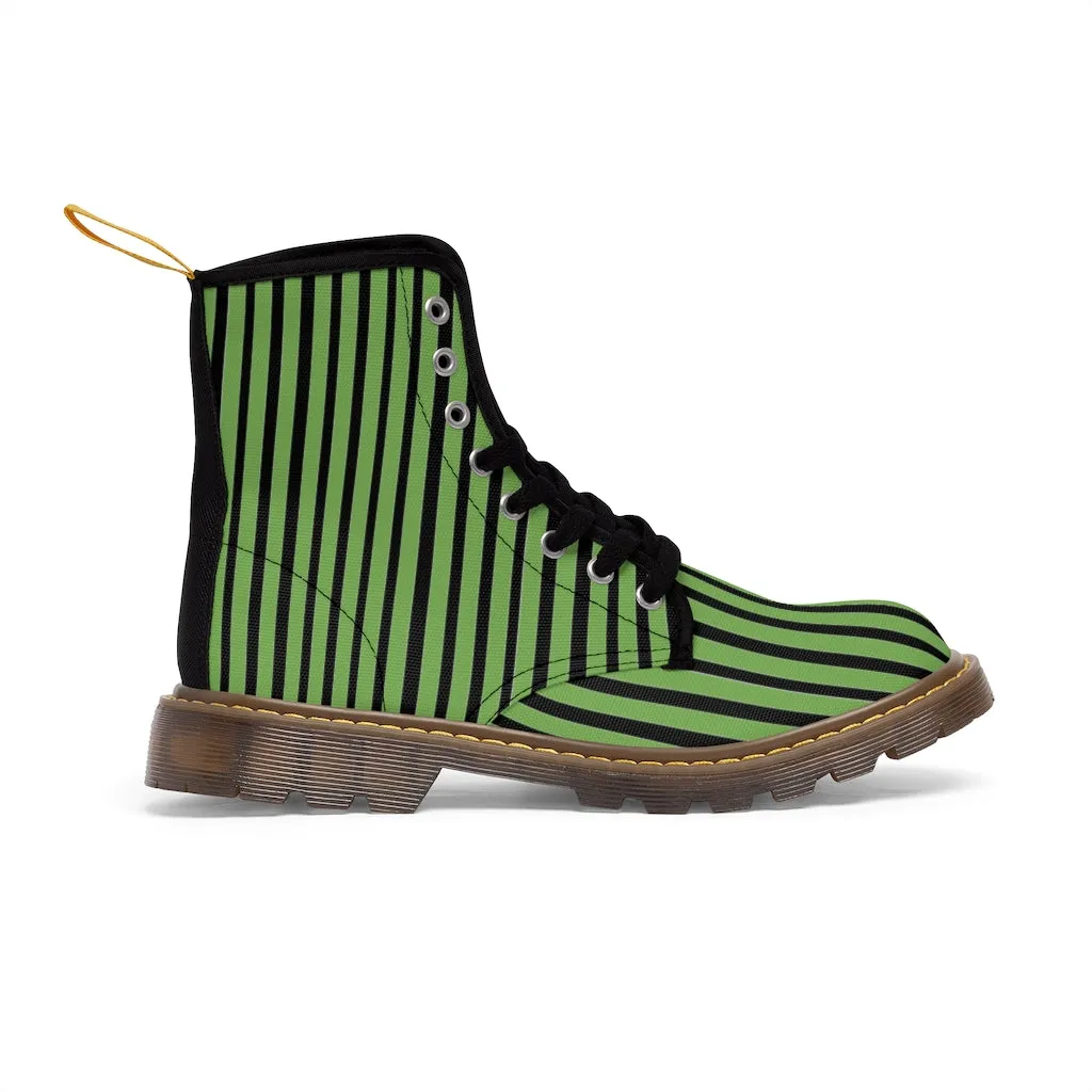 Green Striped Print Men's Boots, Black Stripes Best Hiking Winter Boots Laced Up Shoes For Men