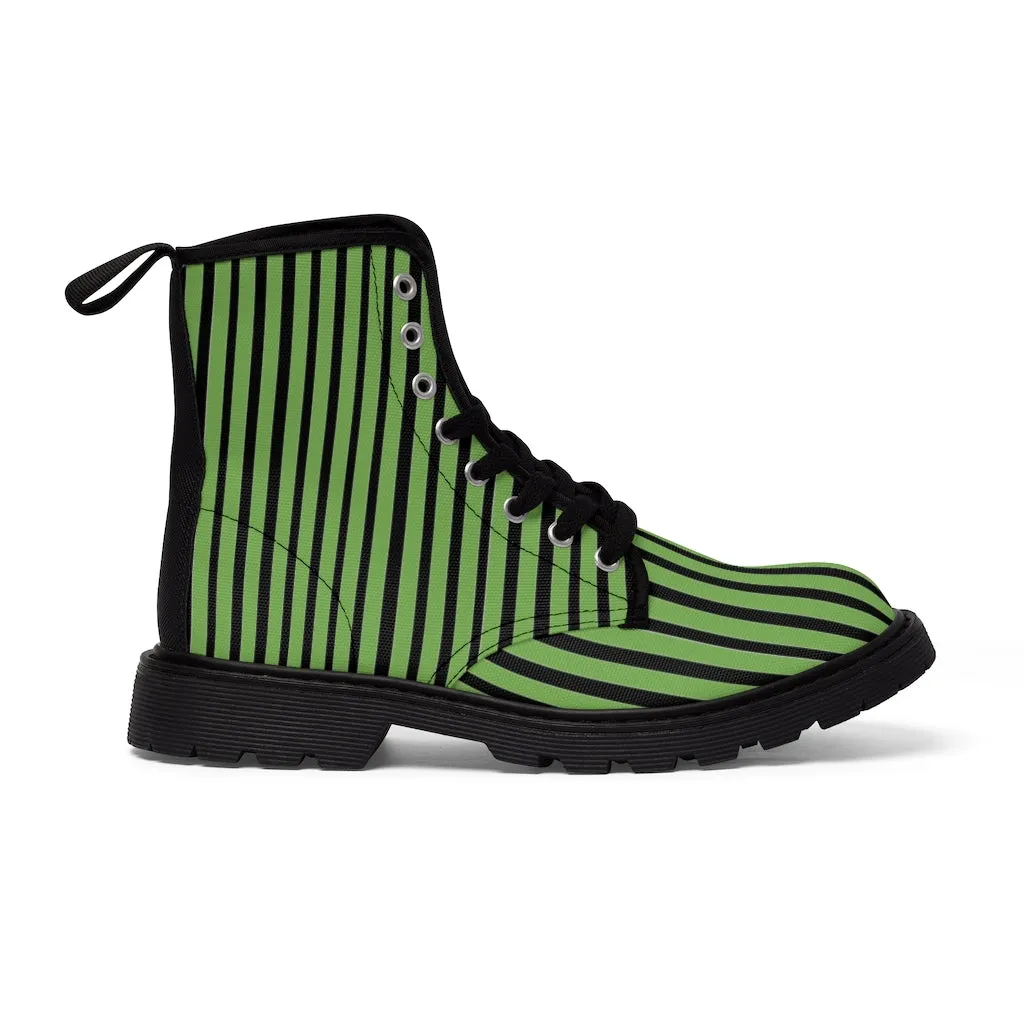 Green Striped Print Men's Boots, Black Stripes Best Hiking Winter Boots Laced Up Shoes For Men