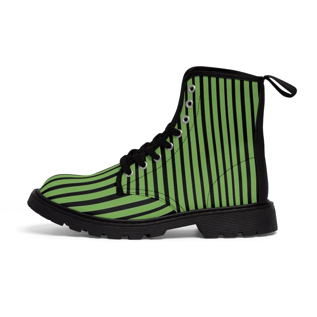 Green Striped Print Men's Boots, Black Stripes Best Hiking Winter Boots Laced Up Shoes For Men