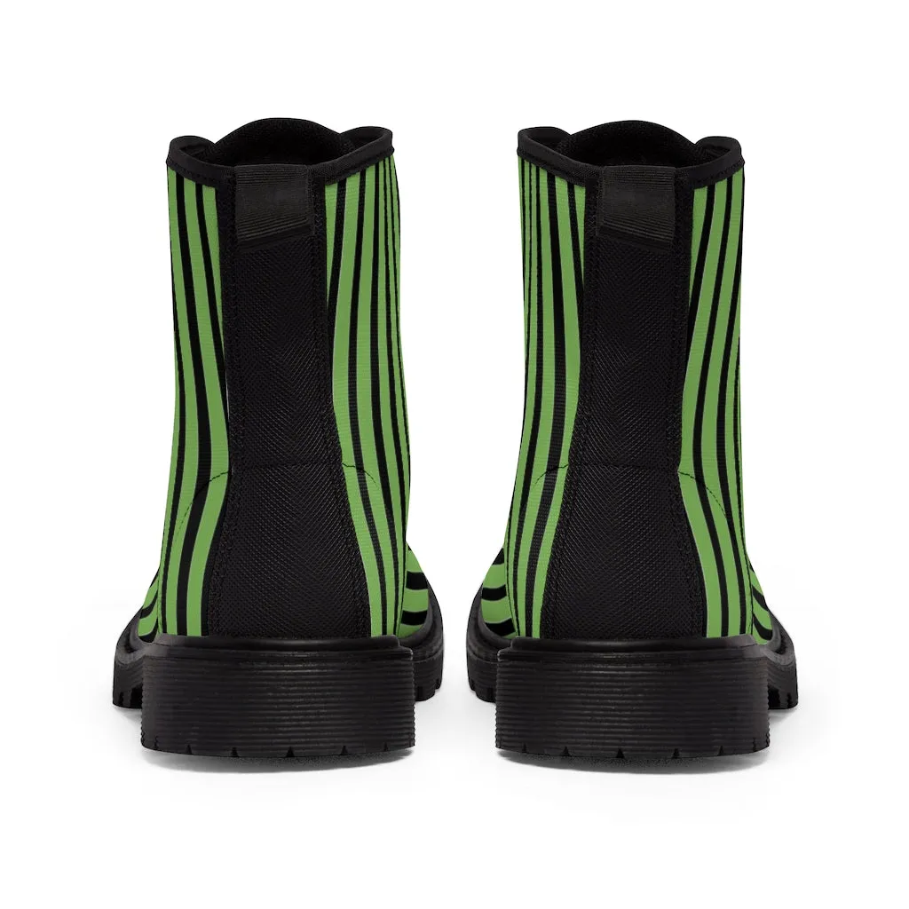 Green Striped Print Men's Boots, Black Stripes Best Hiking Winter Boots Laced Up Shoes For Men