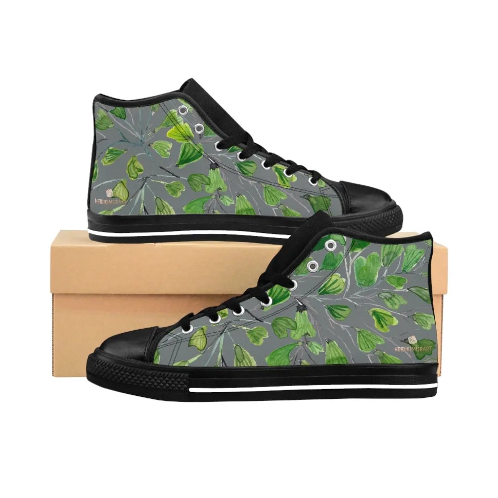 Grey Maidenhair Men's Tennis Shoes, Tropical Print Designer Best High-top Sneakers For Men