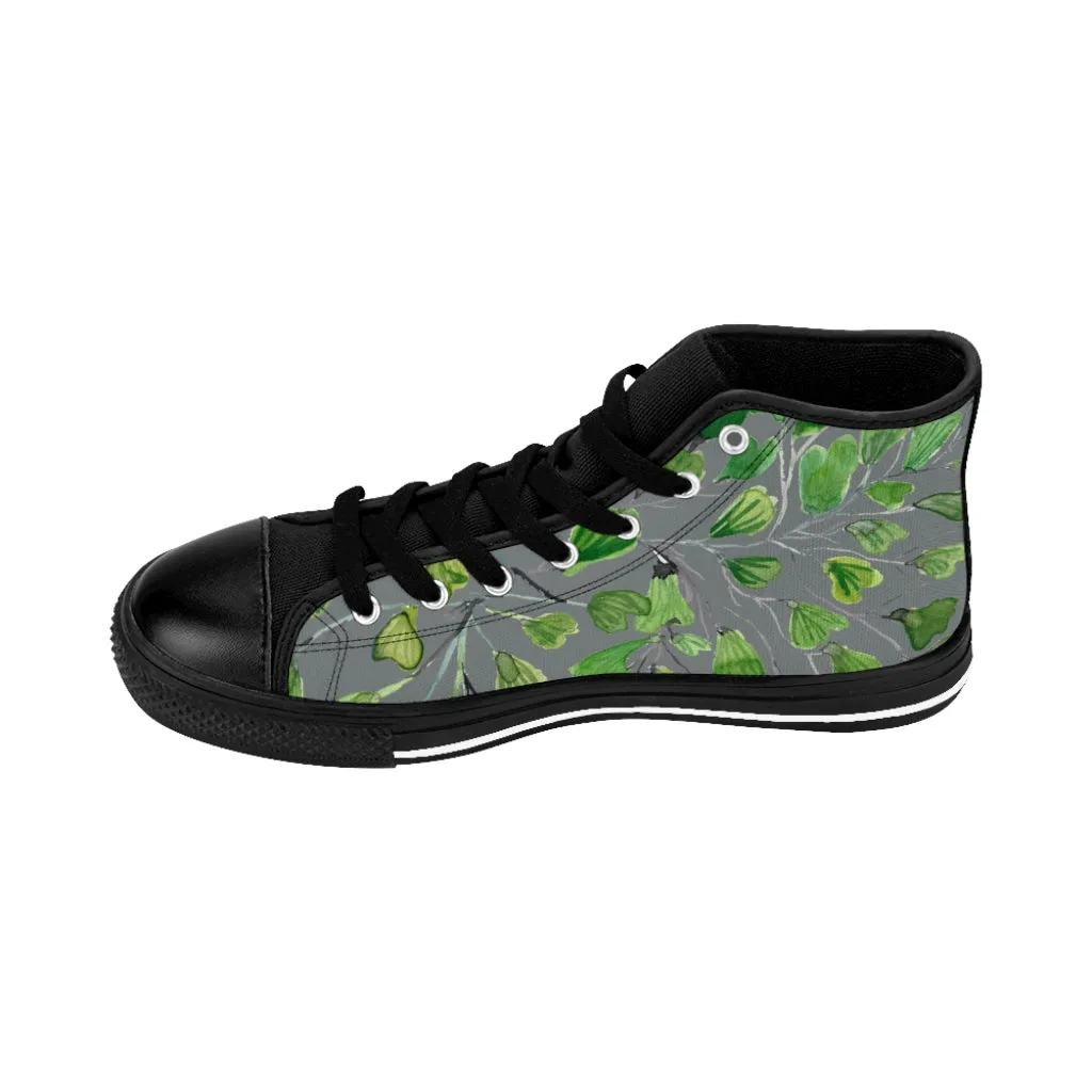 Grey Maidenhair Men's Tennis Shoes, Tropical Print Designer Best High-top Sneakers For Men