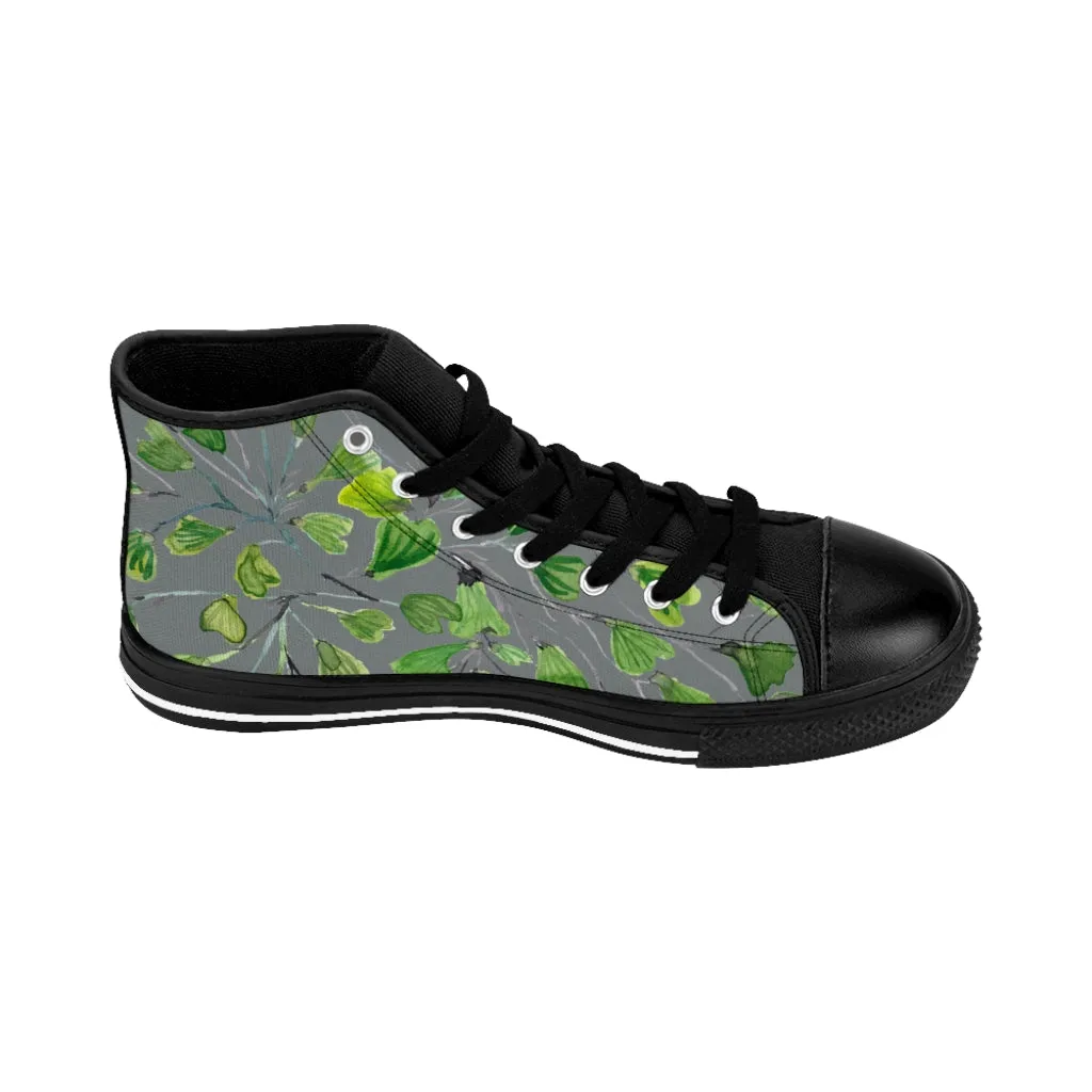 Grey Maidenhair Men's Tennis Shoes, Tropical Print Designer Best High-top Sneakers For Men