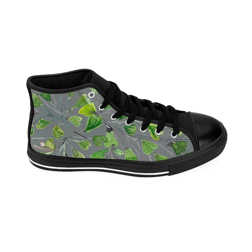 Grey Maidenhair Men's Tennis Shoes, Tropical Print Designer Best High-top Sneakers For Men