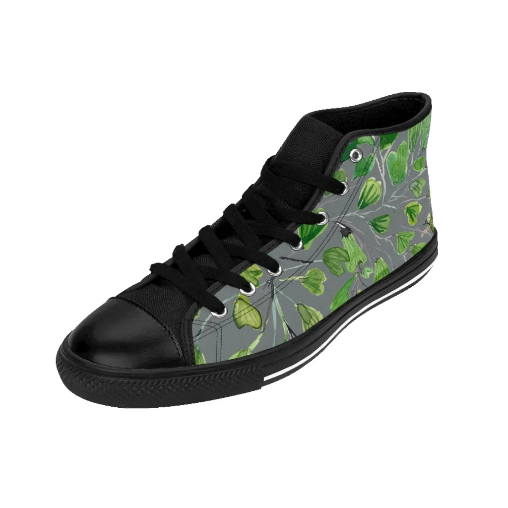 Grey Maidenhair Men's Tennis Shoes, Tropical Print Designer Best High-top Sneakers For Men