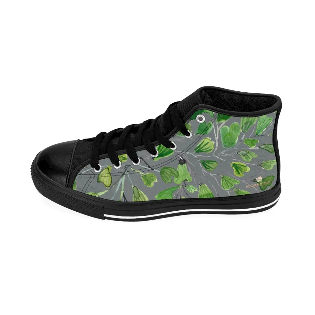 Grey Maidenhair Men's Tennis Shoes, Tropical Print Designer Best High-top Sneakers For Men