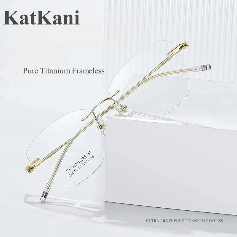 KatKani Mens Rimless Polygonal Titanium Eyeglasses 6019