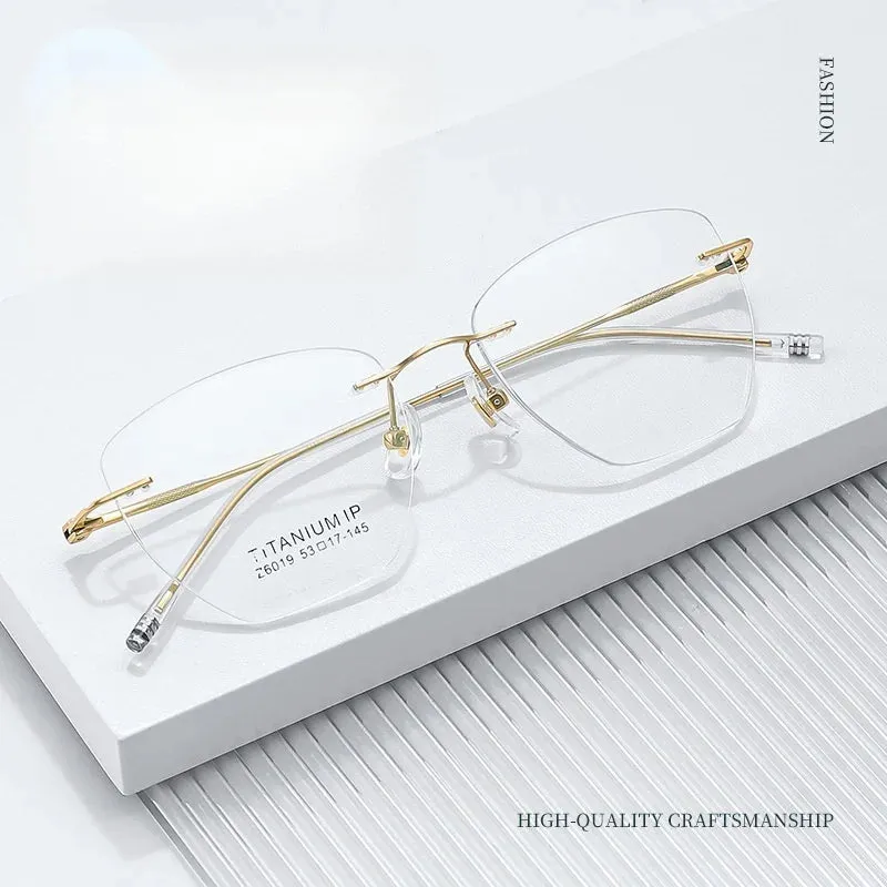 KatKani Mens Rimless Polygonal Titanium Eyeglasses 6019