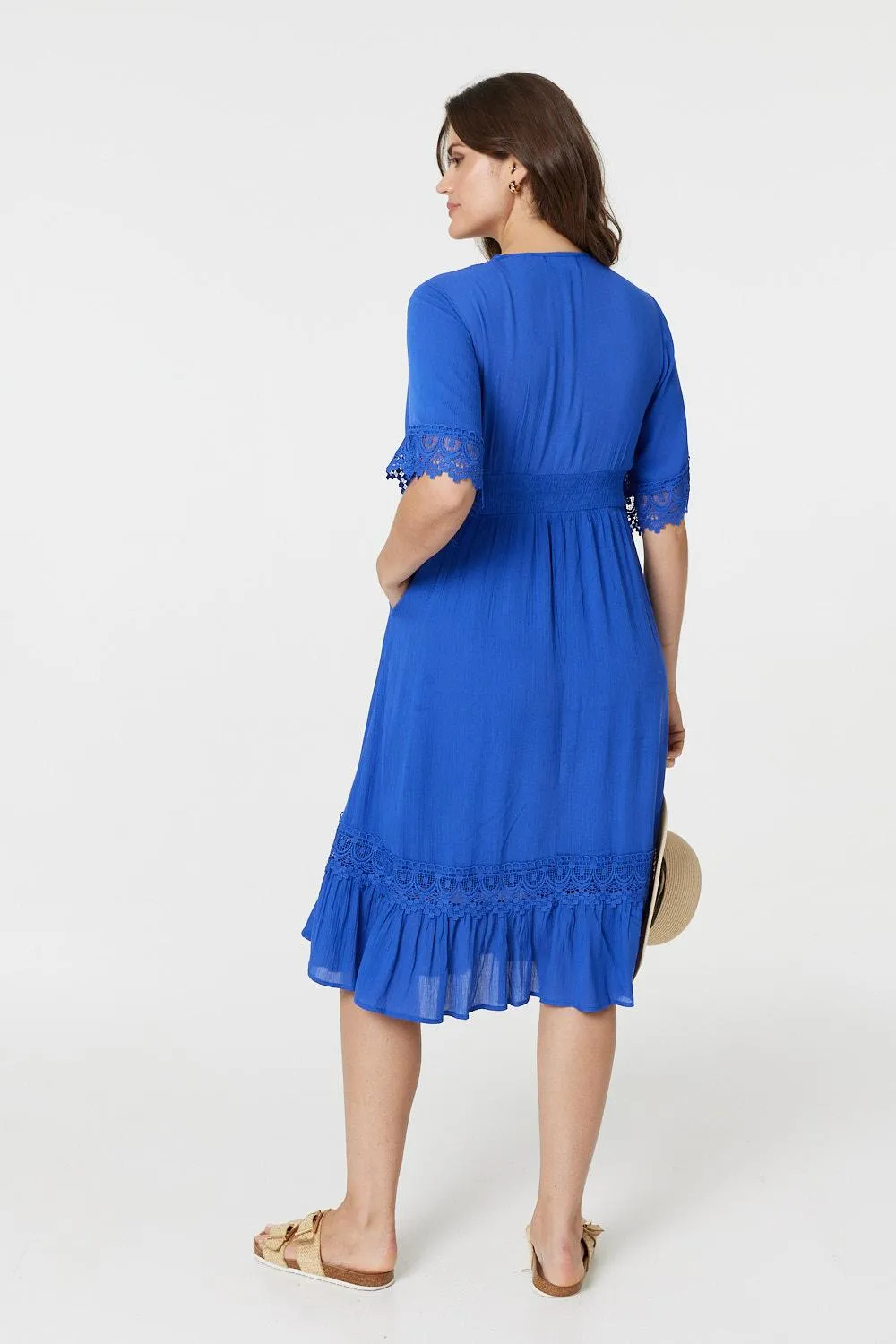 Lace Trim 3/4 Sleeve Midi Dress