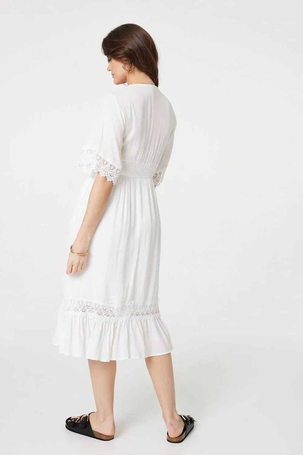 Lace Trim 3/4 Sleeve Midi Dress