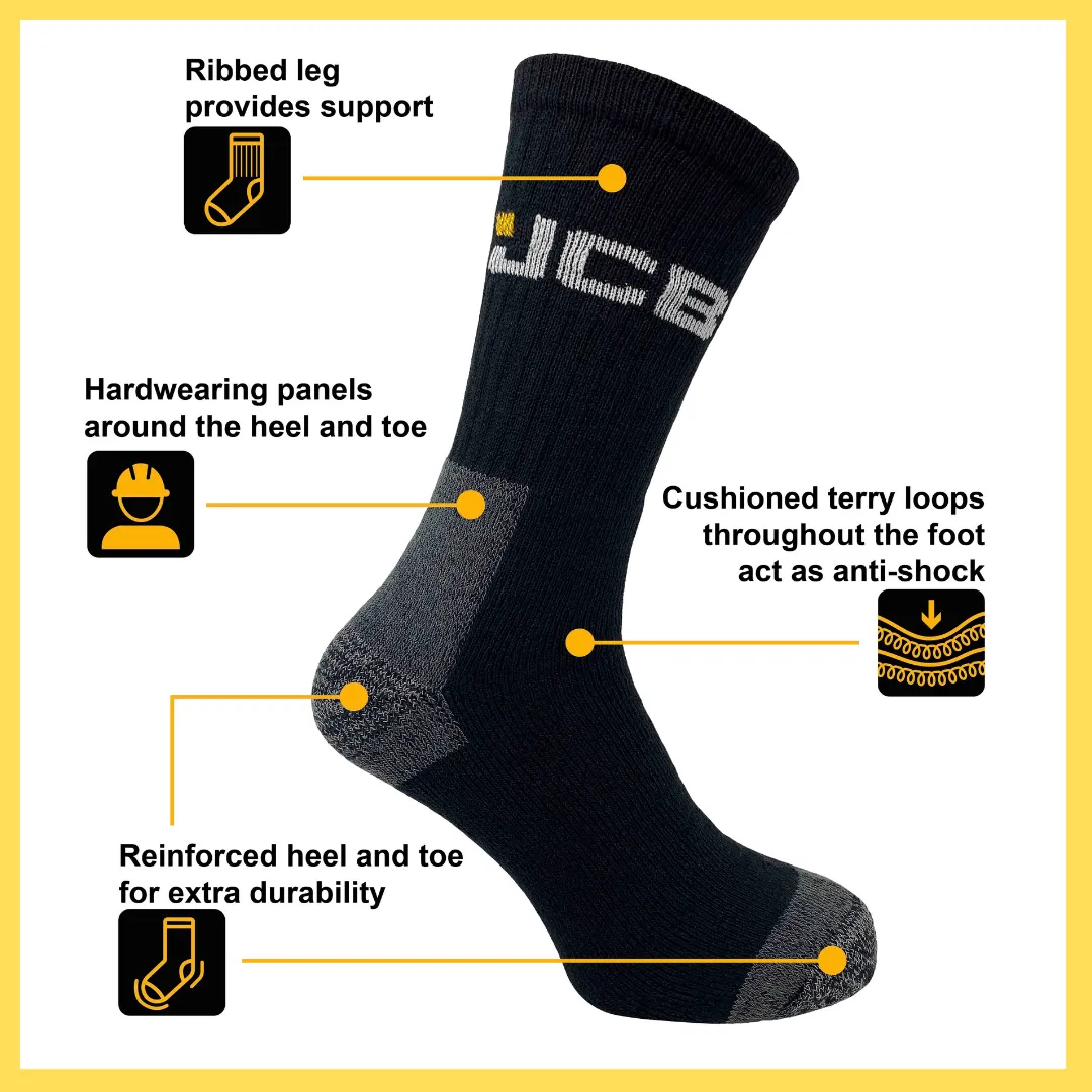 Men's Black Work Socks | JCB Workwear Range | 3 Pairs | U.K. Size 6-11