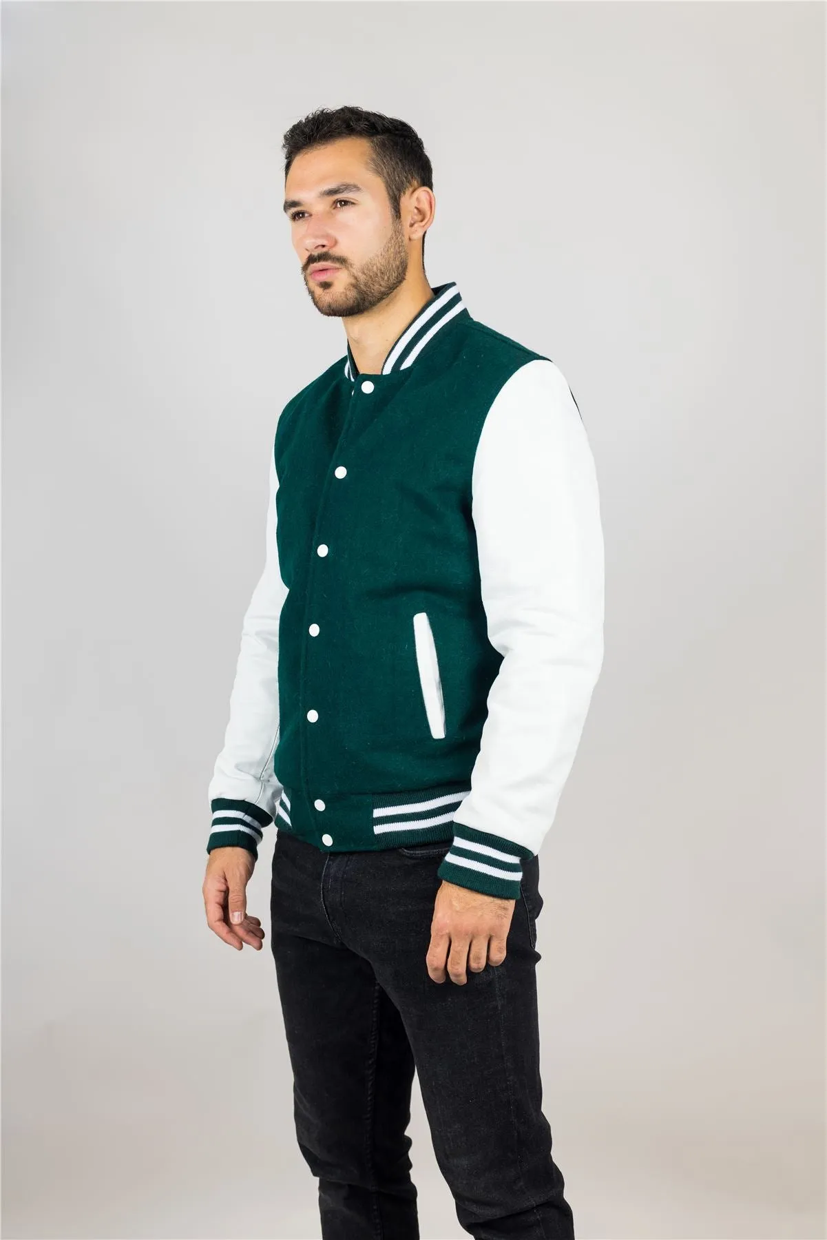 Men's Green White Varsity Bomber Jacket Wool Body Real Leather Sleeves College Baseball Coat