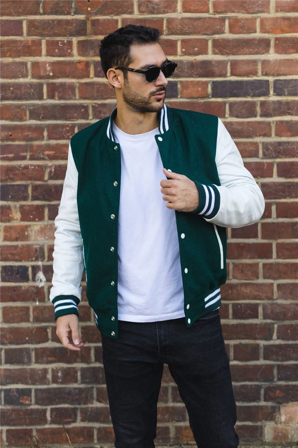 Men's Green White Varsity Bomber Jacket Wool Body Real Leather Sleeves College Baseball Coat