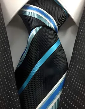 Men's Neck Ties - Mens Dress Tie - Trendy Mens Ties Black Turquoise And White Stripe Stylish Fashion Neck Groomsmen Ties