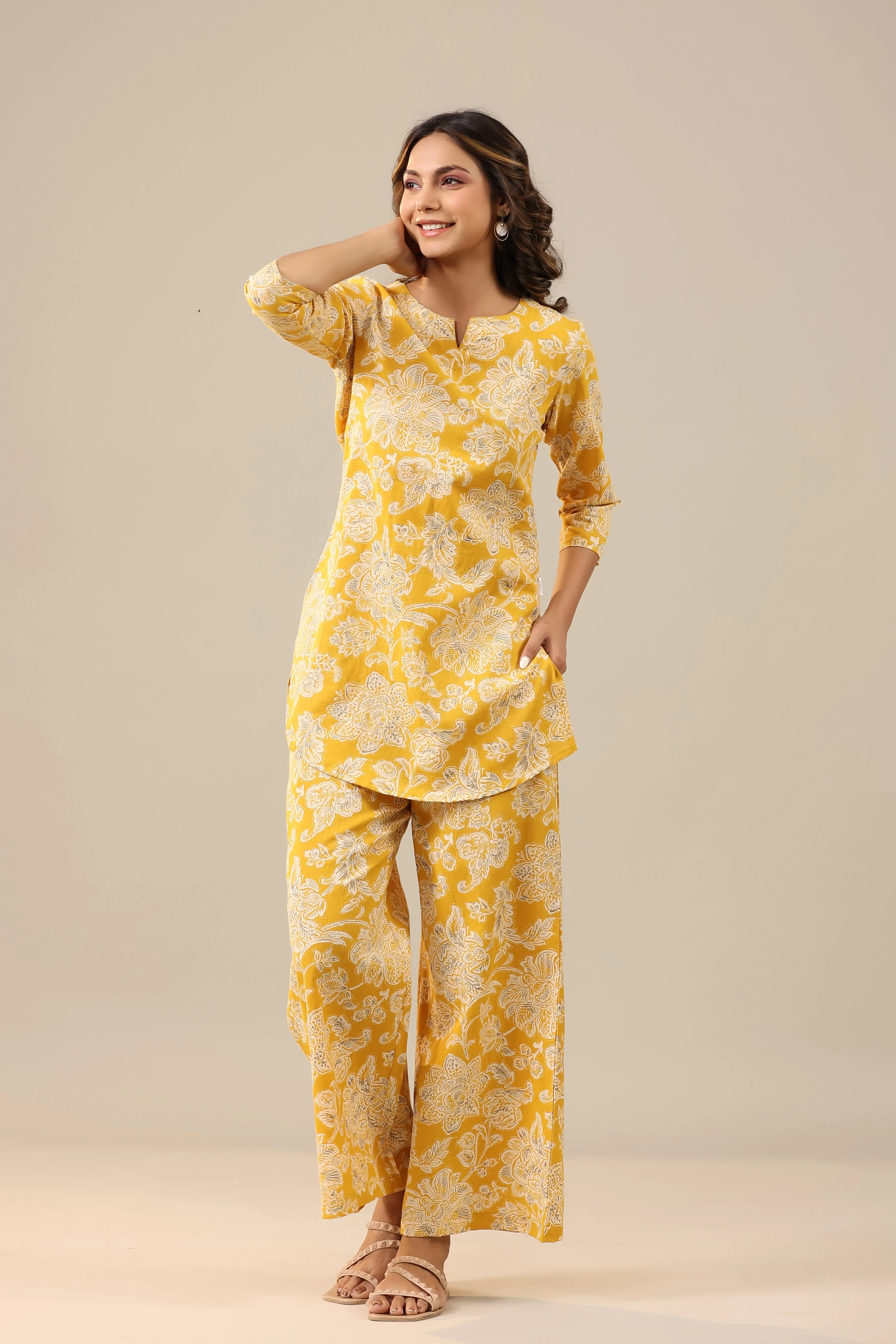 Peony Yellow Cotton Flex Palazzo Loungewear Set