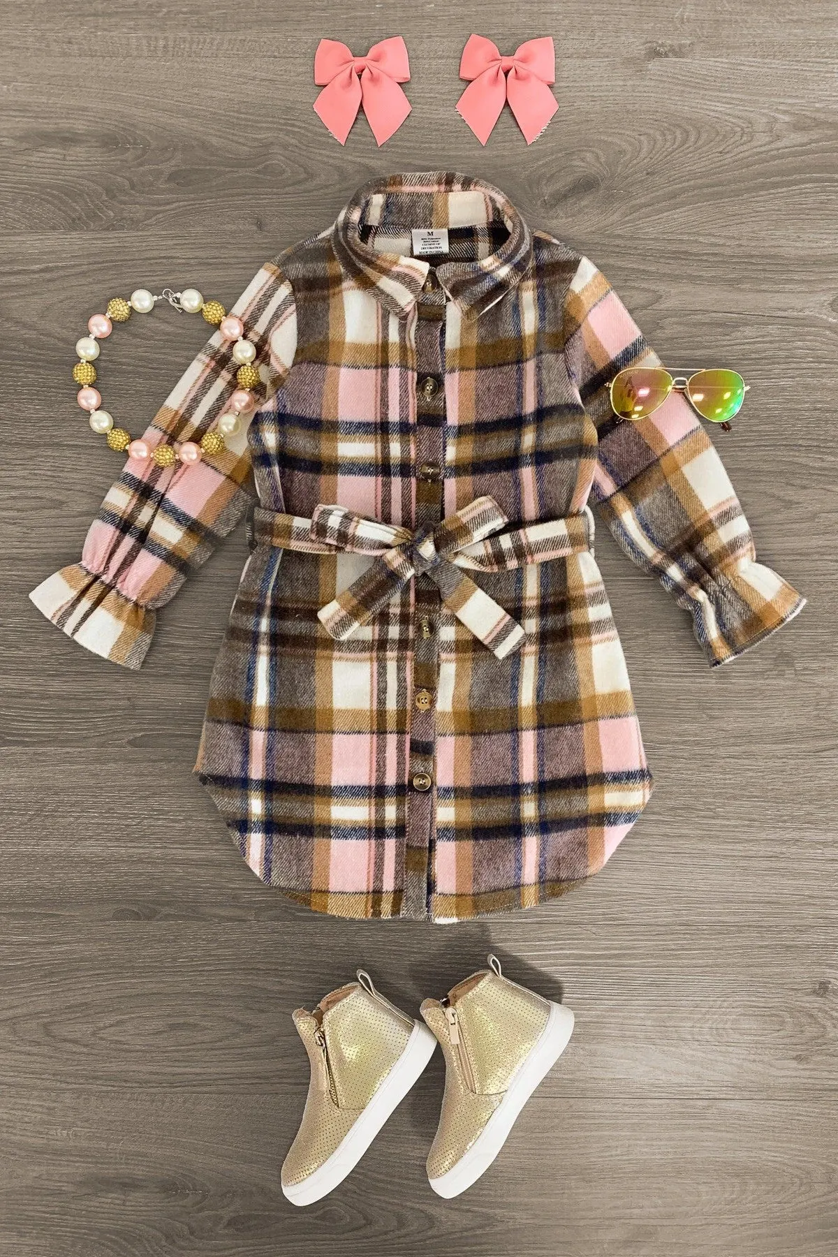 Pink & Brown Plaid Button Flannel Dress