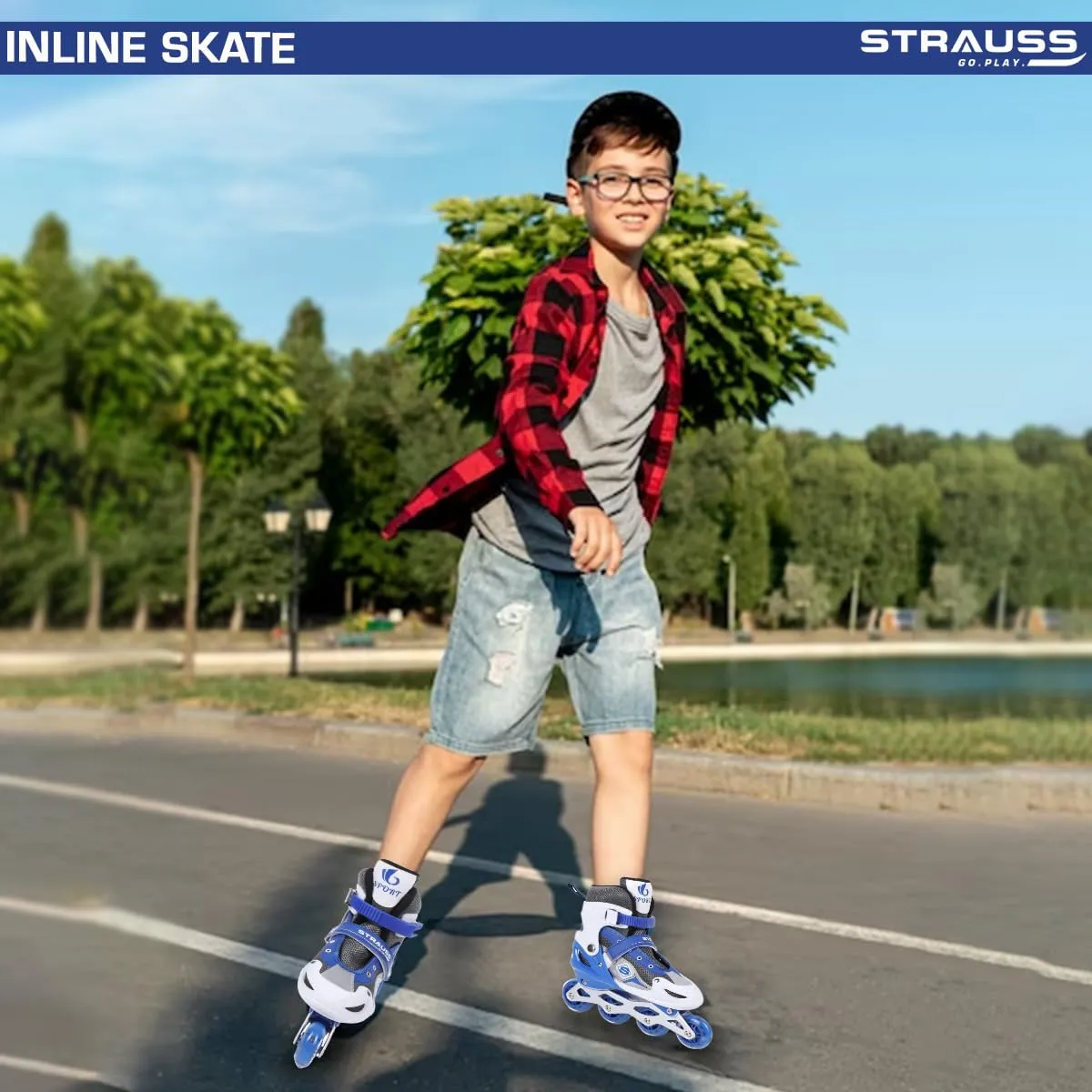 STRAUSS Vortex Adjustable Size Inline Skates | Skating Shoes for Boys & Girls | 4 Wheels |Beginner-Friendly Skating Shoe | Adjustable Roller Blades | Enhanced Stability and Support| Size S,(Blue)