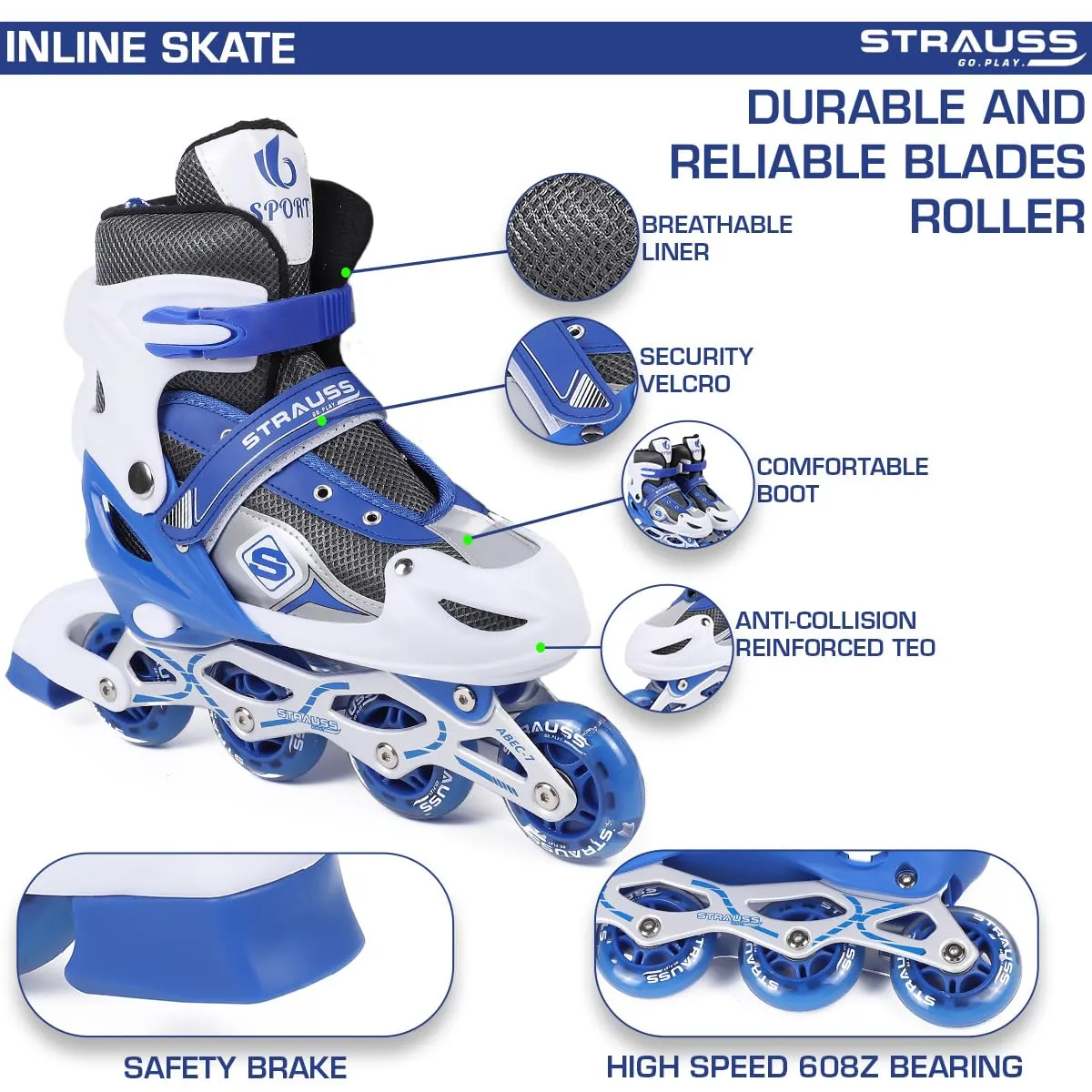 STRAUSS Vortex Adjustable Size Inline Skates | Skating Shoes for Boys & Girls | 4 Wheels |Beginner-Friendly Skating Shoe | Adjustable Roller Blades | Enhanced Stability and Support| Size S,(Blue)