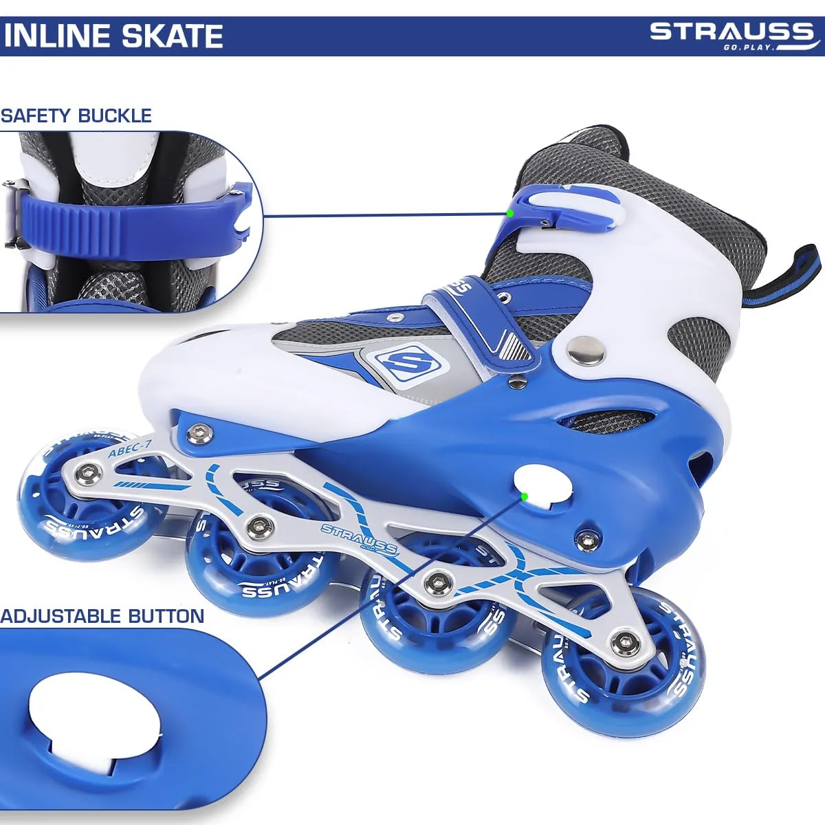 STRAUSS Vortex Adjustable Size Inline Skates | Skating Shoes for Boys & Girls | 4 Wheels |Beginner-Friendly Skating Shoe | Adjustable Roller Blades | Enhanced Stability and Support| Size S,(Blue)