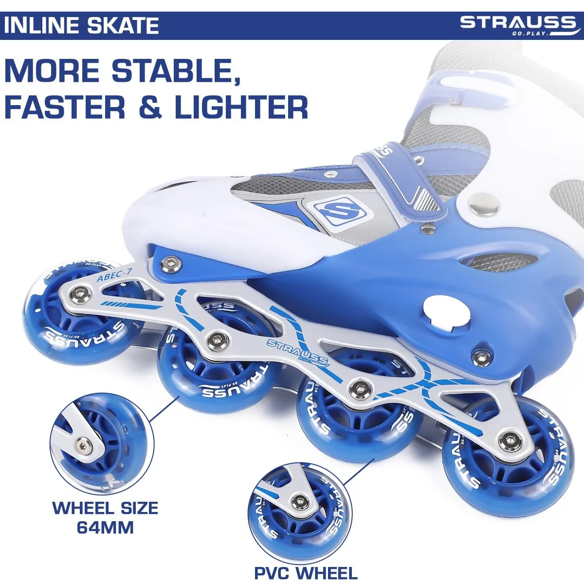 STRAUSS Vortex Adjustable Size Inline Skates | Skating Shoes for Boys & Girls | 4 Wheels |Beginner-Friendly Skating Shoe | Adjustable Roller Blades | Enhanced Stability and Support| Size S,(Blue)