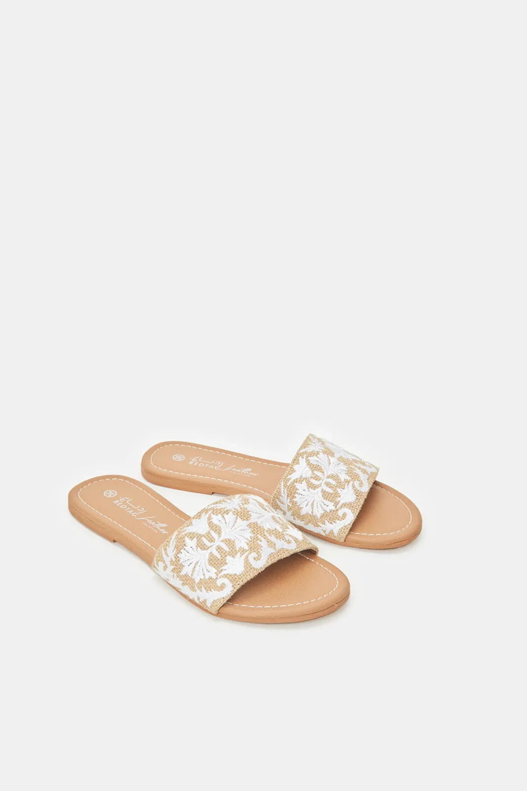 Women Beige Embroidered Mule