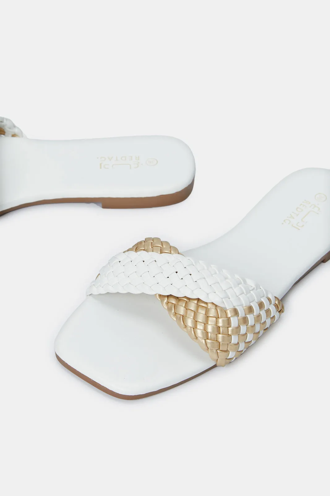 Women White & Gold Weave Mule