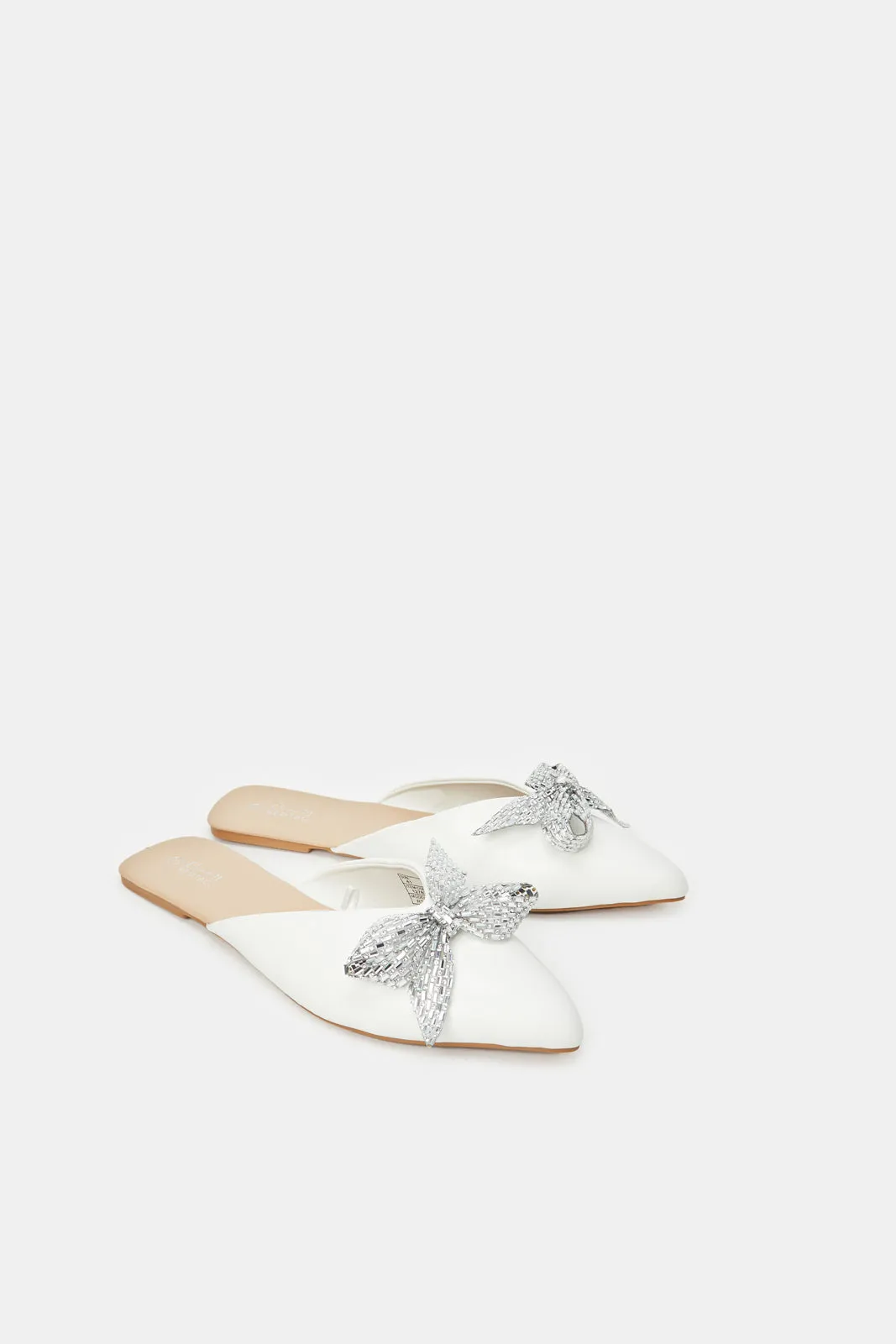 Women White Bow Trim Mule